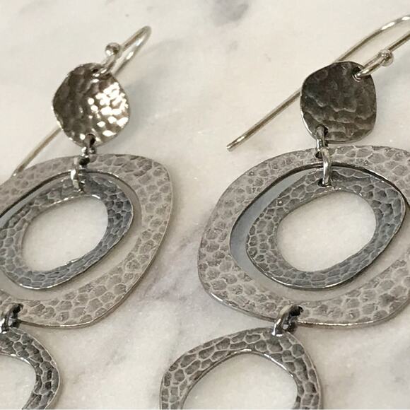 Signed M Sterling Silver 3in Long Dangle Drop Hammered Abstract Circle Earrings - Picture 13 of 14